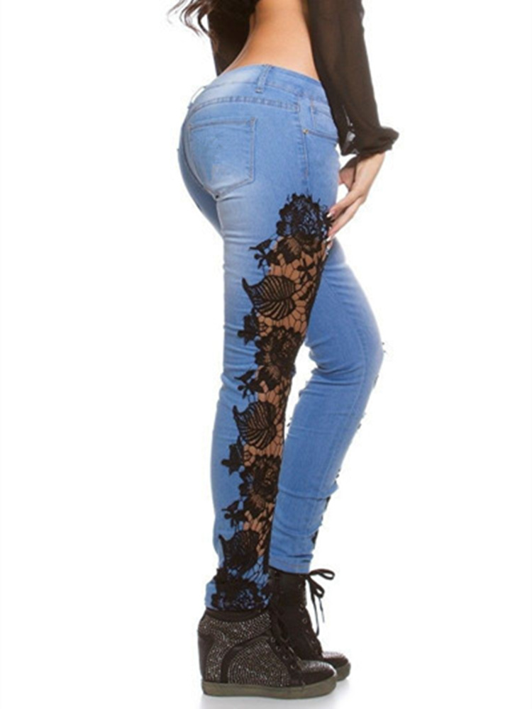 

2011plus size 3xl lace floral crochet hollow-out jeans autumn women elegant denim pencil skinny jeans, Blue