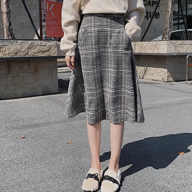 

Skirts 2021 Autumn Winter Korea Fashion Women High Waist Plaid Woolen All-matched Casual A-line Long Skirt Plus Size S260, Picture color