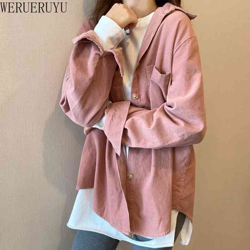 

Women Solid Color Corduroy Batwing Sleeve Vintage Blouse Turn-Down Collar Loose Top Up Pink Shirt 210608, Photo color