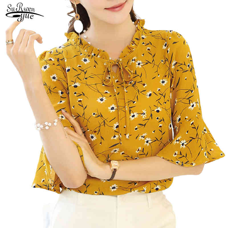 

Plus Size Fashion Women Tops and Blouses Summer Lady Chiffon Blouse Floral Print Bow Neck Shirt Short Sleeve Blusas 379 210521, 379 sky blue