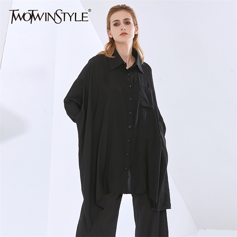 

Black Loose Shirt For Women Lapel Long Sleeve Irregular Hem Casual Blouse Female Spring Fashion Clothing 210524