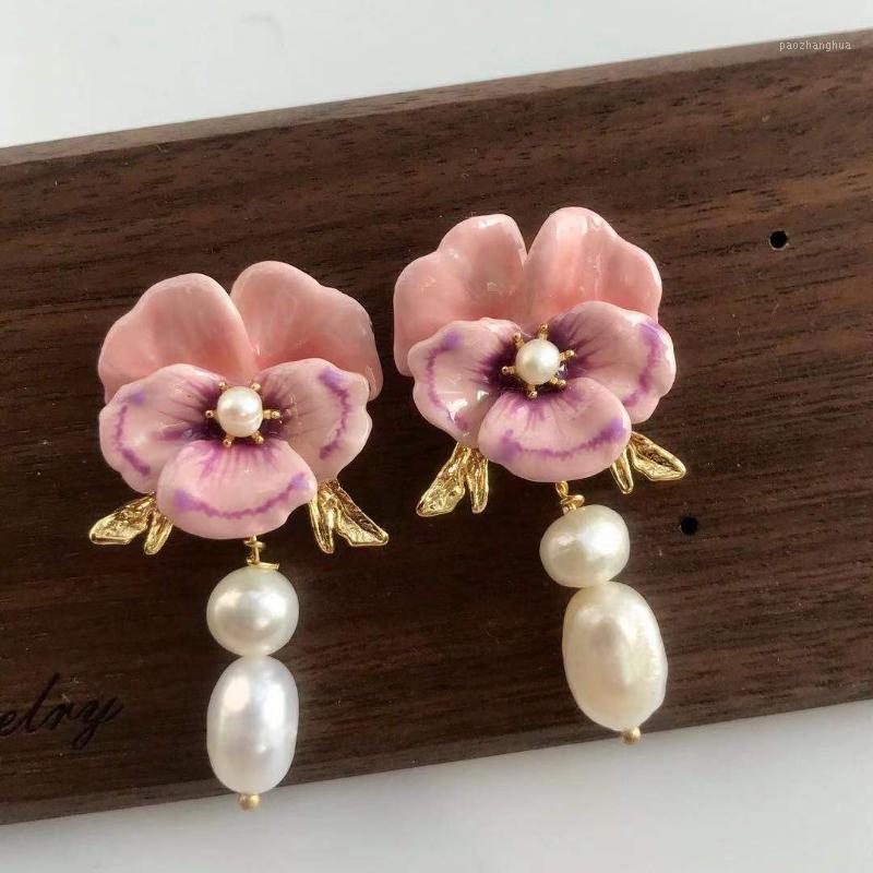 

Pansy Pink Flower Phalaenopsis Freshwater Pearl Stud Earrings, Golden;silver