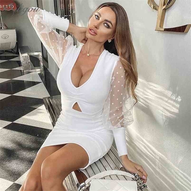 

Latest Women's Summer Christmas Elegant Long Sleeve Keyhole Midi White Bodycon Bandage Dress Sexy Party Vestidos 210525