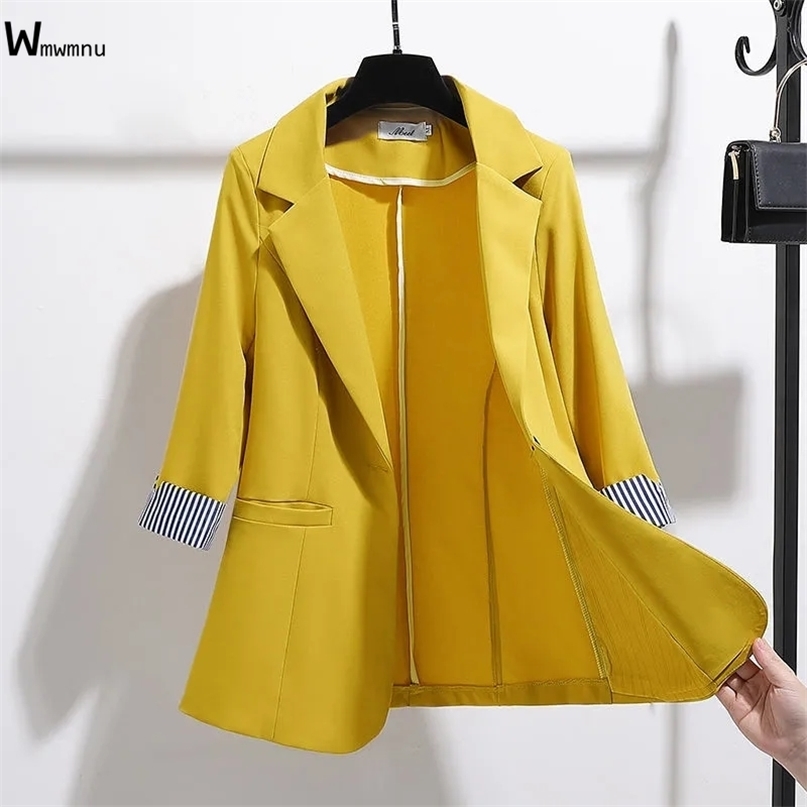 

Plus Size Spring Summer Thin Suit Jacket Korean Basic Office Lady Elegant Slim Blazers Casual Striped Three Quarter Sleeve Coat 211019, Yellow