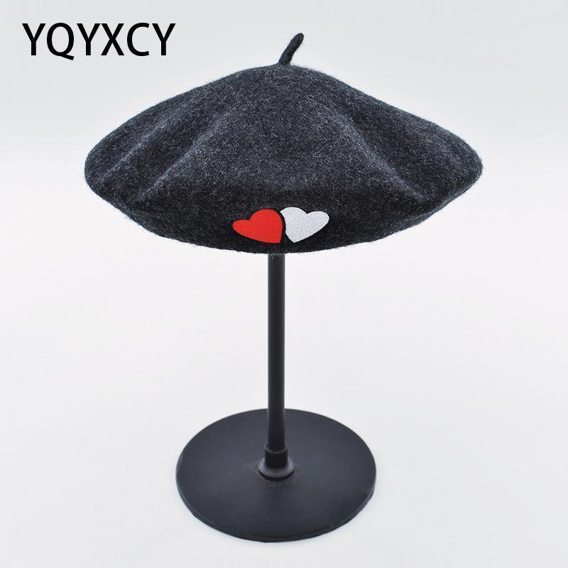 

Berets YQYXCY Winter Hats For Women Wool Beret Boina Feminina Embroidered Heart Autumn Artist Painter Flat Cap Gorras Warm Beanie, Black