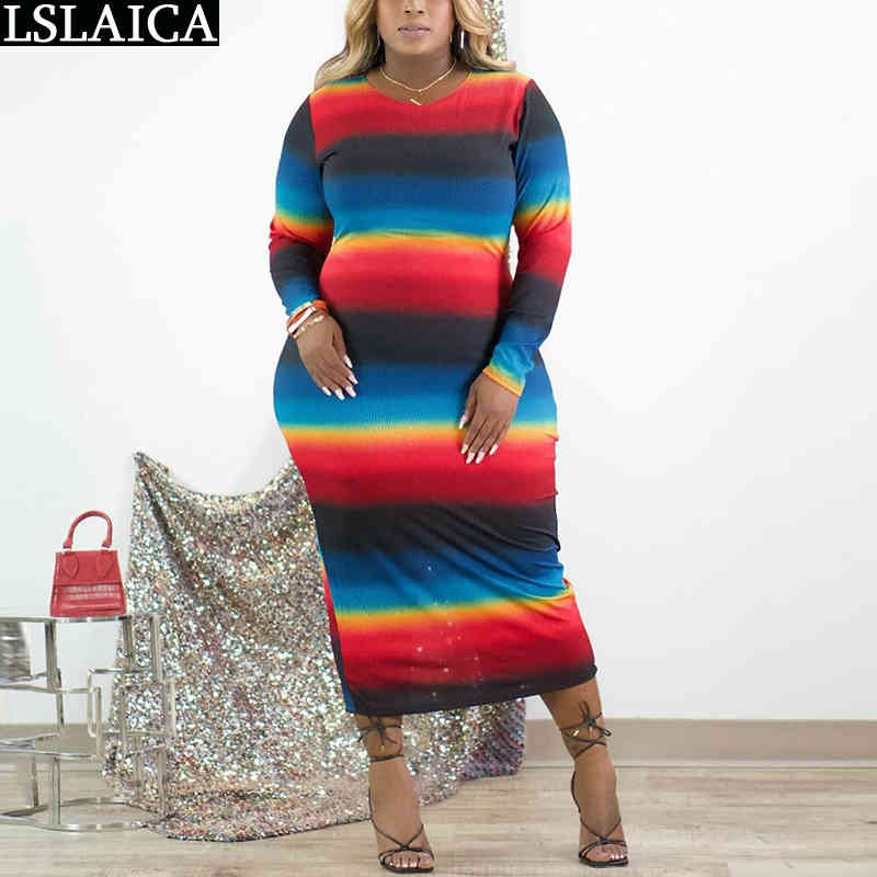 

Autumn Dress Colorful Stripes Long Sleeve Fashion Women Arrival Ankle Length O Neck Plus Size Vestido De Mulher 210520, Multi