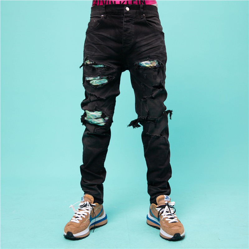 

Amlona Mens Sexy Jeans Casual Hole Ripped Denim Pants Fashion 2021 European and American Style Pantalon Hip Hop Pencil Trouser, Black