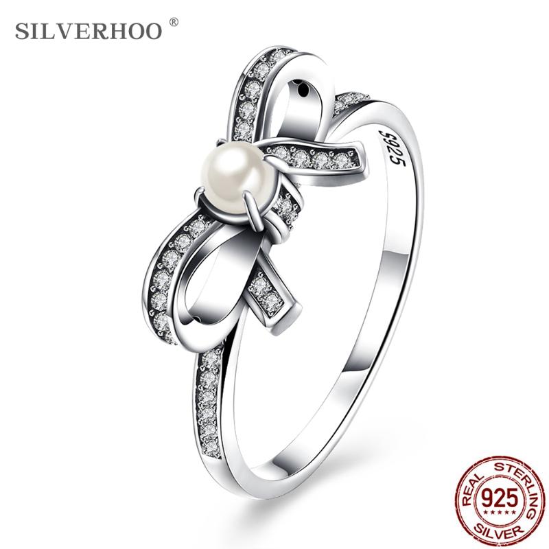 

Cluster Rings SILVERHOO Real 925 Sterling Silver Vintage Bowknot Women 5A Cubic Zirconia With Elegant Imitation Pearl Ring Fine Jewelry, Golden;silver