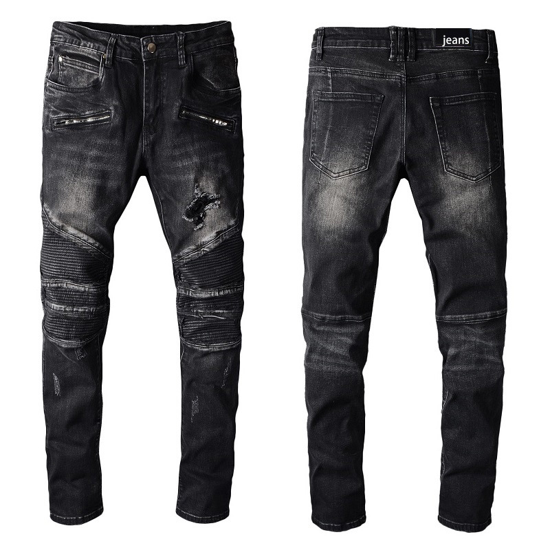 

High Street Fashion Men's White Three-dimensional Tailoring Dark Zipper Pants Locomotive Personality Fold Stretch Slim-fit Jeans, Blue