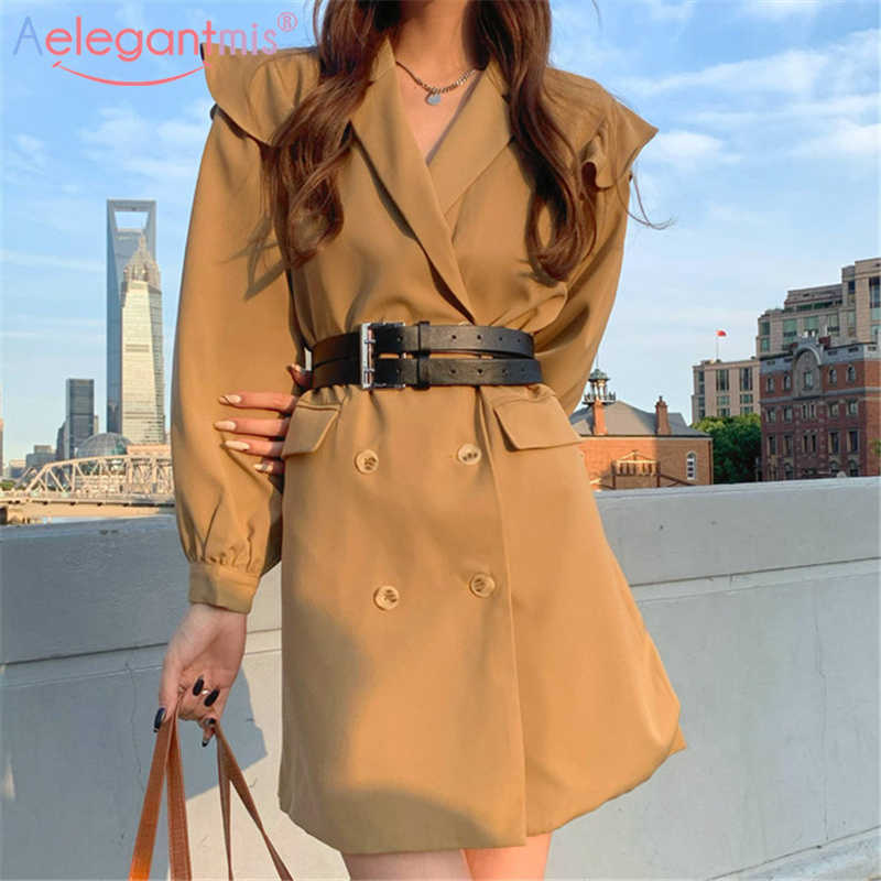 

Aelegantmis Elegant Casual Slim Ruffle Sashes Women Blazer Dress Office Lady Stylish Female Double Breasted Belt Korean 210607, Khaki