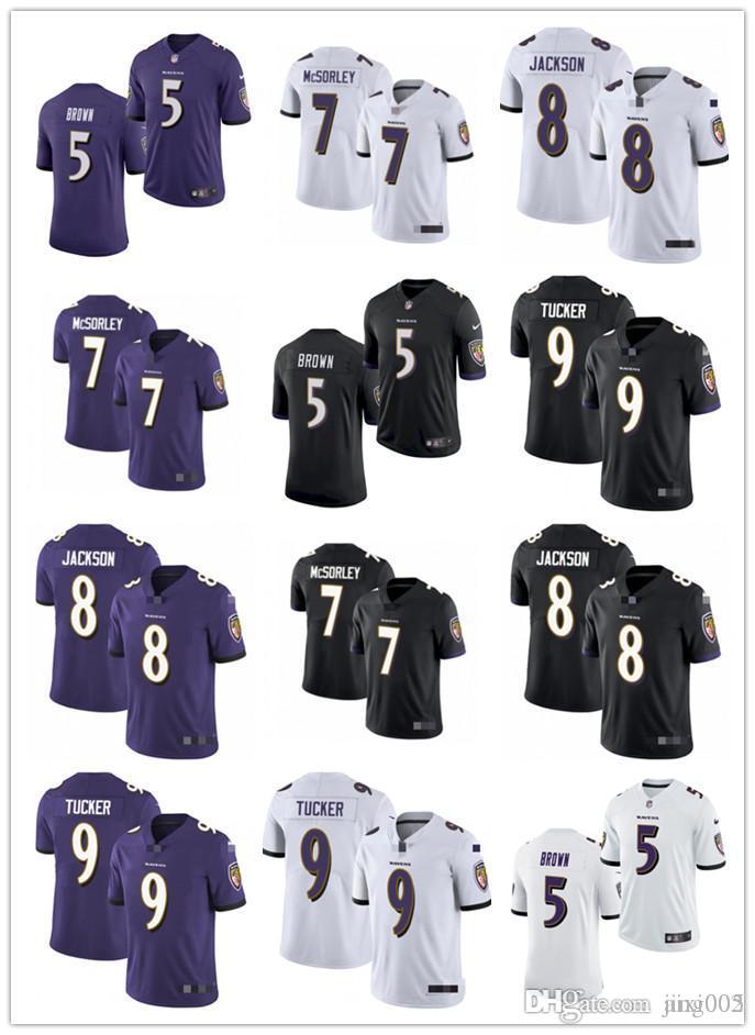 

Men Women Youth BaltimoreRavens8 Lamar Jackson 9 Justin Tucker 5 Marquise Brown 7 Trace McSorley Black Purple Football Jersey, Black;red