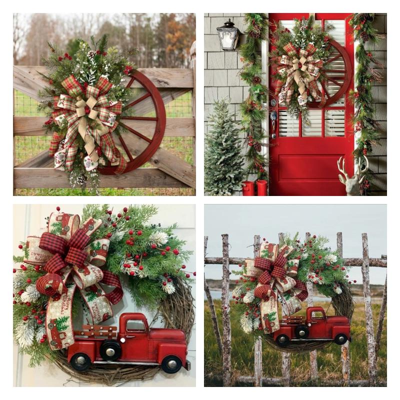 

Christmas Decorations Farmhouse Wagon Wheels Wreath Red Truck Cherries With Ribbon Hanging Festival Gifts