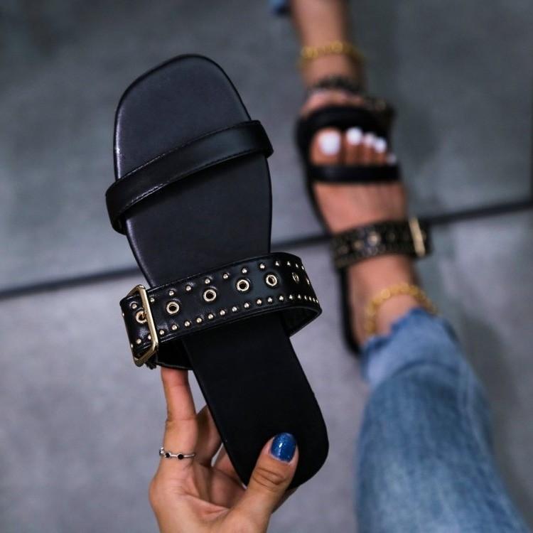 

Rimocy Summer Flat Slippers Women Buckle Soft Bottom Beach Shoes Woman Fashion Solid Color Comfortable Slides Flip Flop, Black