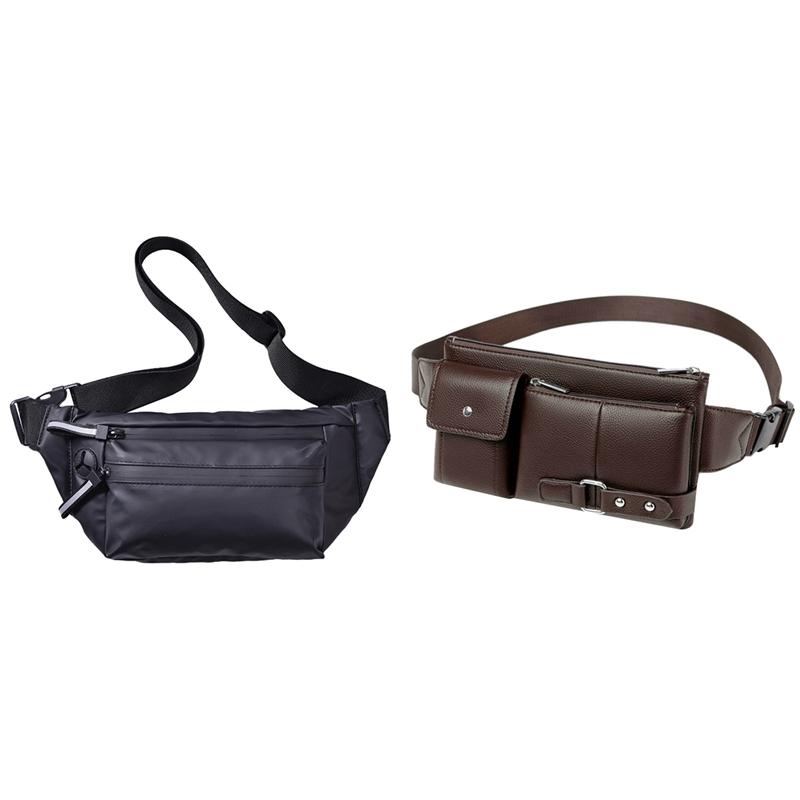 

2 Pcs Waterproof Men'S Waist Bag Leather Wallet Chest Belt Sports Bag, Brown & Black Outdoor Bags