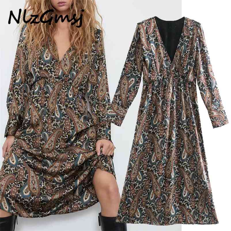

Dres Long Sleeve Print V Neck Vintage Floral Midi Party es Woman Fashion Pleated Vestido 210628, As picture
