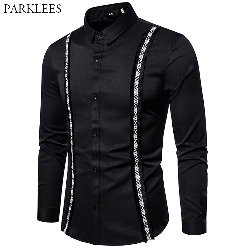 

Ethnic Floral Patchwork Mens Dress Shirt Party Prom Shirts for Men Casual Button Up Mens Long Sleeve Shirt Chemise Homme Male 210524, Black