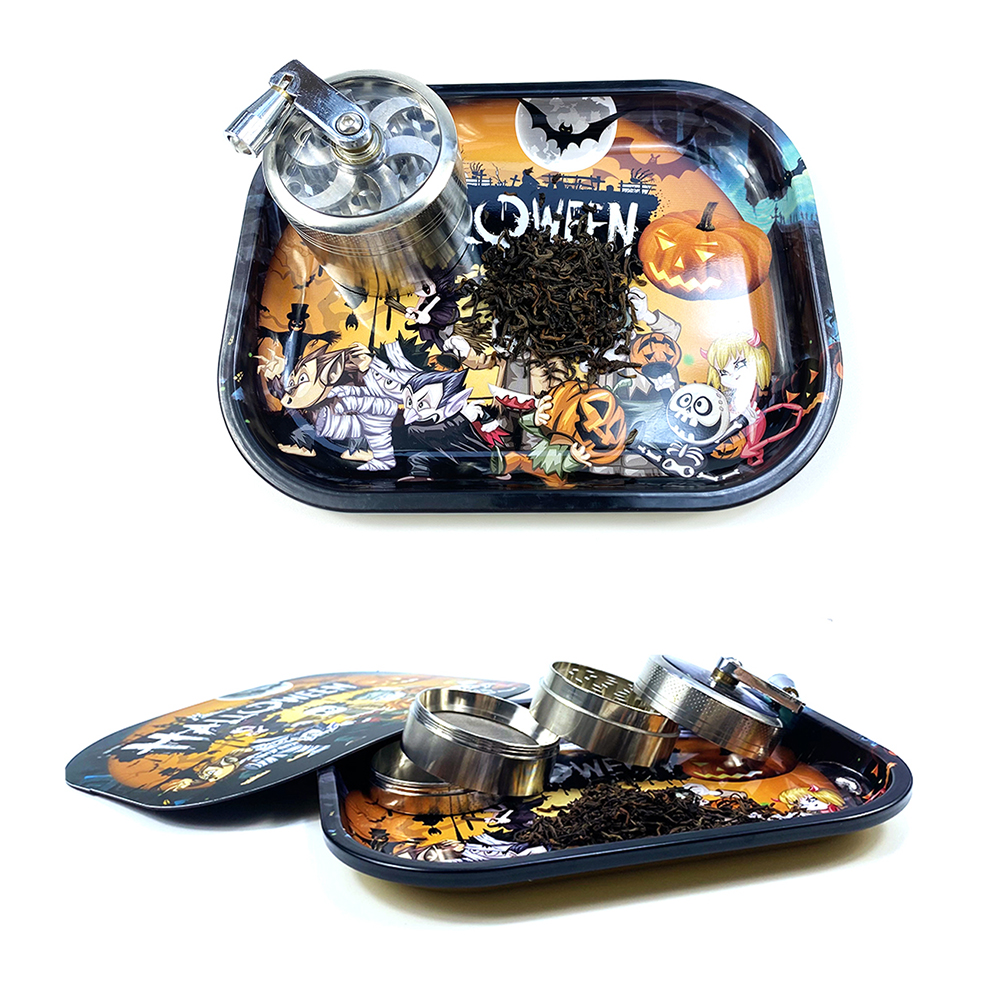

Halloween Metal Rolling Tray Magnetic Lid Set Smoking Accessories 18x14cm Leakproof Tobacco Storage Plate Cigarette Roller Disc Party Decorative