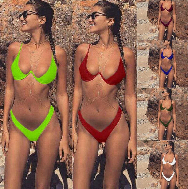 

Women's Swimwear Two Piece Solid Color Push Up Women Bikini Set Swimsuit Female Beachwear Bather Thong Bathing Suit