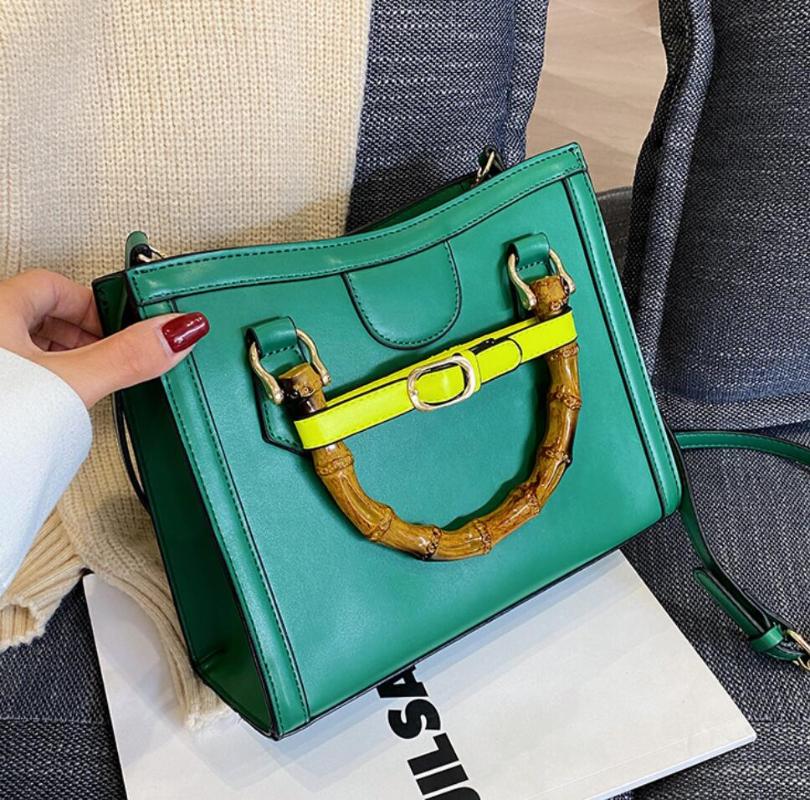 

Evening Bags Totes With Bamboo Handle 2021 Winter PU Leather Women's Designer Handbag Contrast Color Shoulder Messenger Bag, 21 cm green