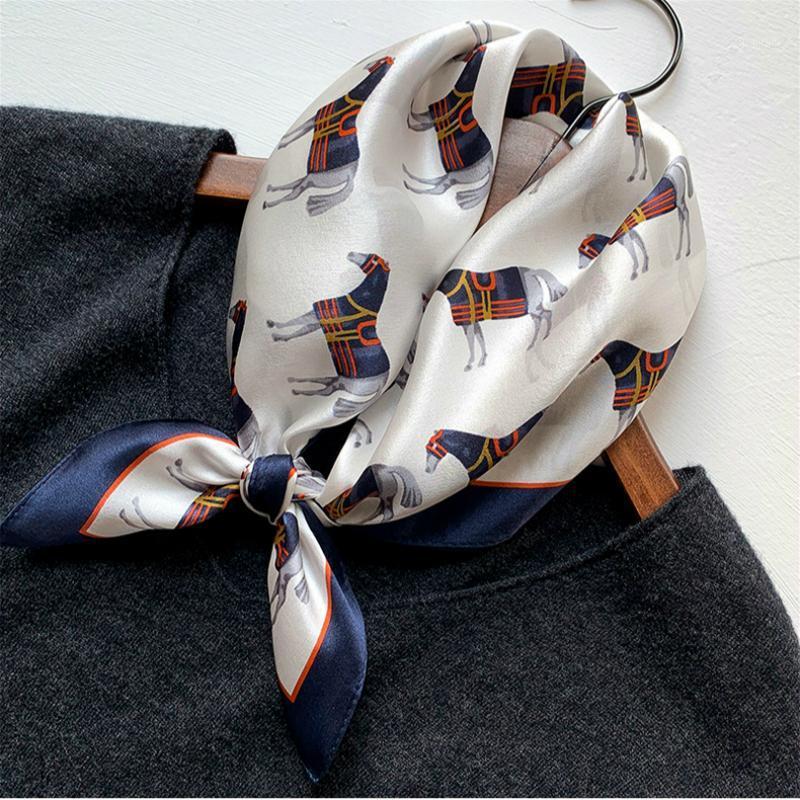 

Scarves Design Print Small Square Scarf Women Real Silk Neck Hair Band Foulard Floral Horse Neckerchief Bandana, Blue;gray