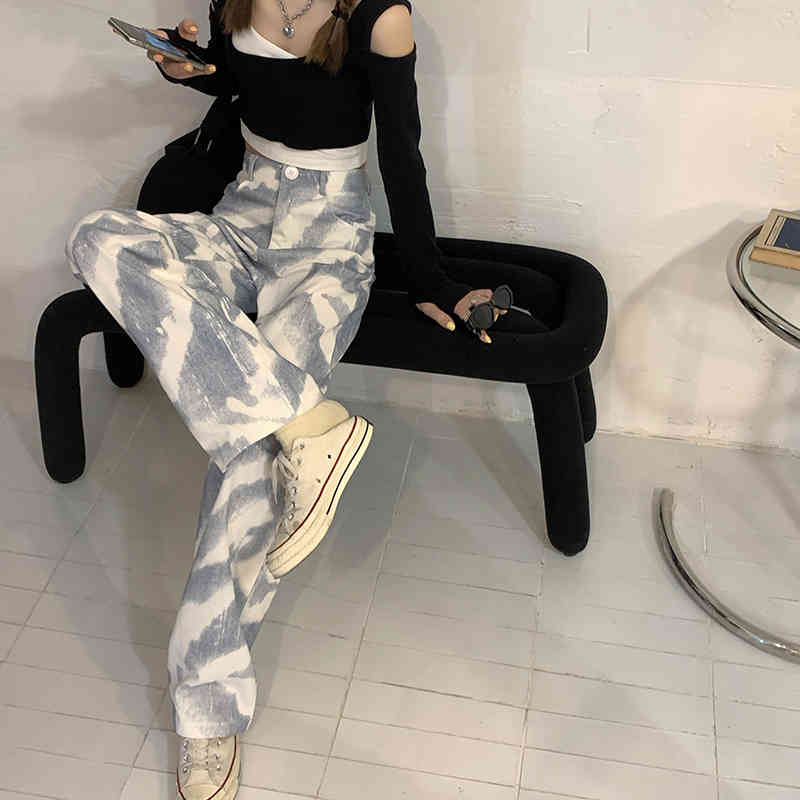 

Women Tie-Dye Blue Pants Casual Vintage Autumn Design Sense Loose Wide Leg High Waist Straight Trousers Bottoms 210519