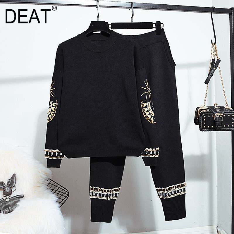 

Women Personalized Beaded Knitting Big Size Long Pants Arrivals Two Piece Set Fashion Spring Autumn 11D427 210525, Black