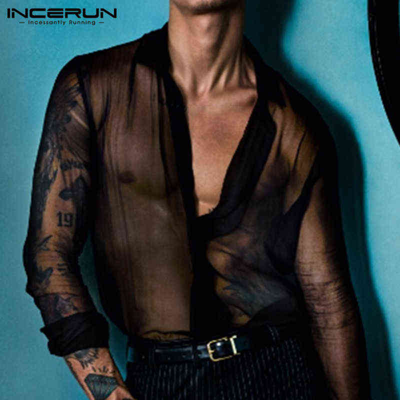 

INCERUN Men Solid Color Long Sleeve Lapel Shirt Fashion Breathable Thin Button Mens Clubwear Party Casual Sexy Blouse Streetwear H1210, Black