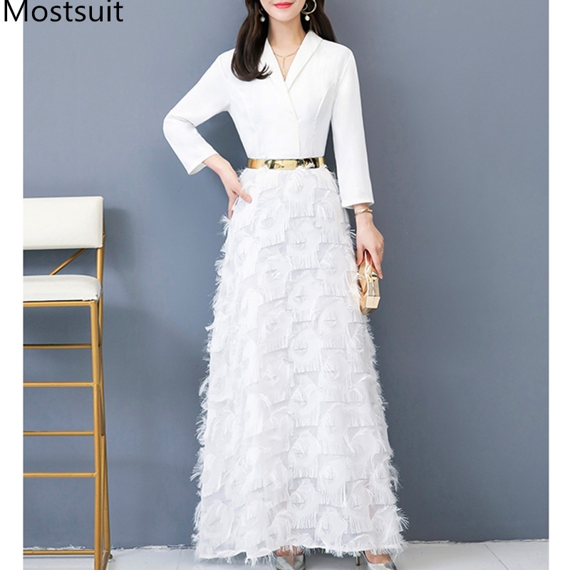 

Spring Party Elegant Long Maxi Dress Women 3/4 Sleeve V-neck Tassels Sashes Dresses Fashion Vestidos Femme Black White 210518, White with belt