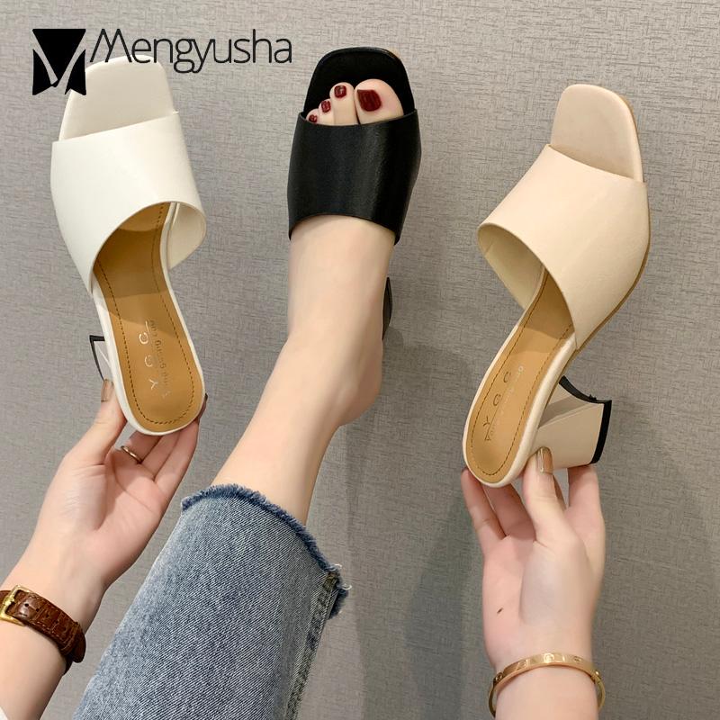 

Brief Solid Microfiber Heels Sandals Women Trendy Open Toe Slippers Anti-skid Chunky High Sandales Femmes Shoes 2021, Black