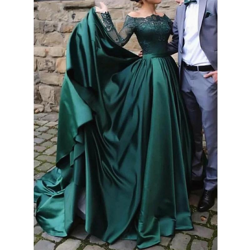 

Party Dresses Elegant Muslim Long Sleeves Lace Emerald Green Evening 2021 Off The Shoulder Satin Formal Dress Ball, Khaki