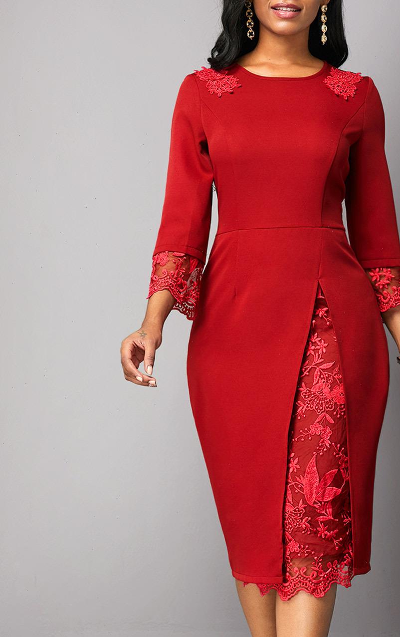 

womens dress autumn women red solid color s 5xl large size elegant lace stitching slim plus office work, Black;gray