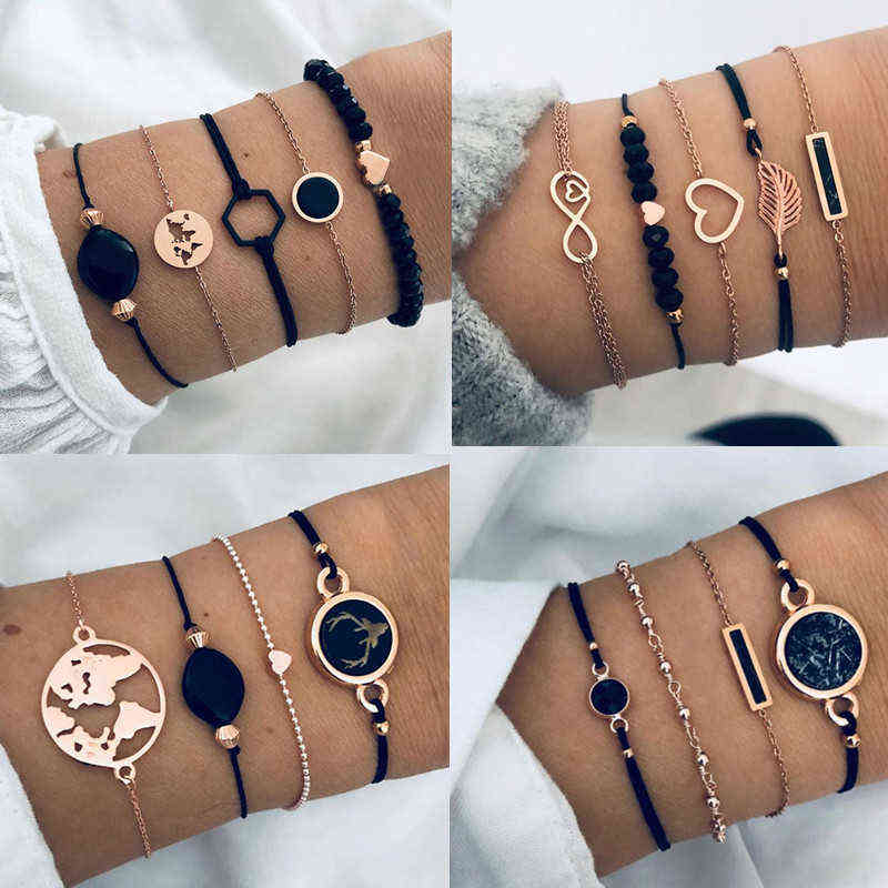 

Diezi Bohemian Black Gem Stone Beads Bracelets Bangles for Women Heart Map Ocean Gold Color Chain Sets Jewelry Gifts