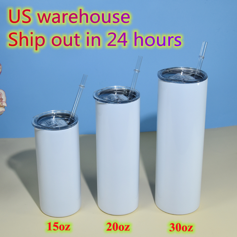 

US WAREHOUSE Sublimation Straight Tumblers 20oz Stainless Steel Skinny Tumbler Plastic Straws and lids Double wall Vacuum Insulated Travel Cups Local Delivery, White skinny sublimation