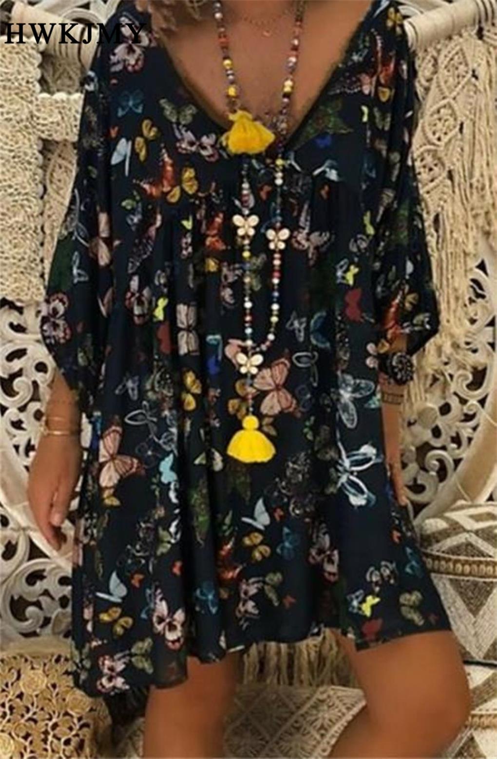 

fashion casual v neck women dress loose t shirt tunics blouse short sleeves beach printing plus size, Black;gray