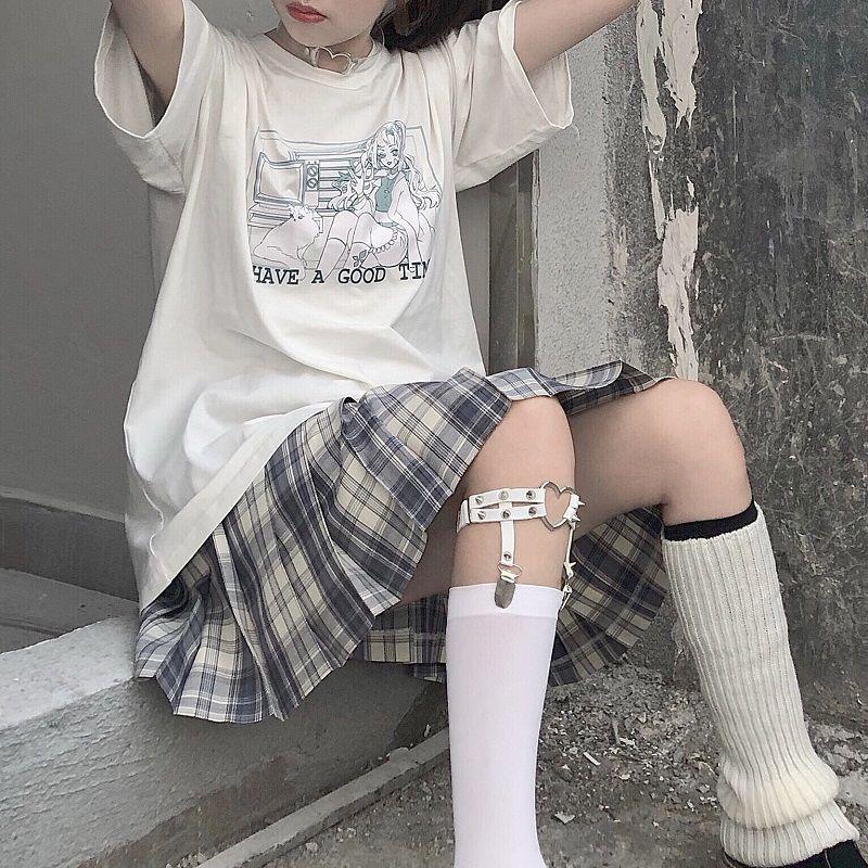 

Skirts [Two-piece Suit] Summer Student Japanese Casual Girl Print T-shirt Pleated Skirt College Style Suit/single, White suit