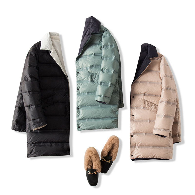 

Fashion Double-sided Wear White Duck Down Jacket Women Winter Medium Long Slim Thin Solid Stand Collar Coat 210520, Black