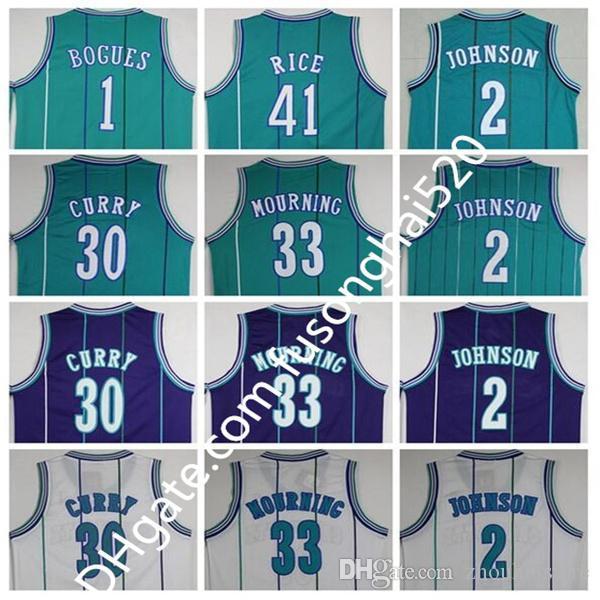 

Throw back 1 Tyrone Muggsy Bogues Jersey 2 Larry Johnson 30 Dell Curry Basketball Jerseys Shirt 33 Alonzo Mourning 41 Glen Rice Shirts, Black;red