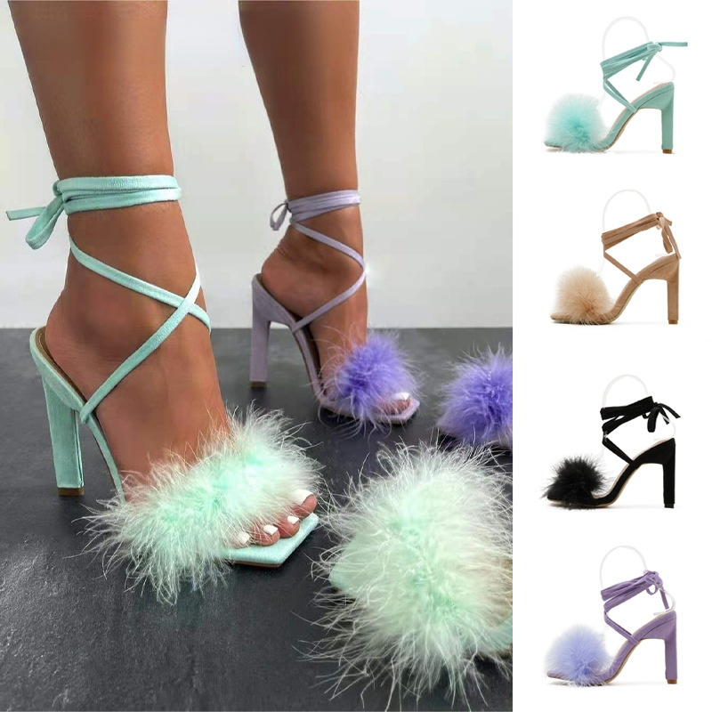 

Summer new European and American star women's shoes rabbit hair cross bandage open toe high-heeled sandals, Green