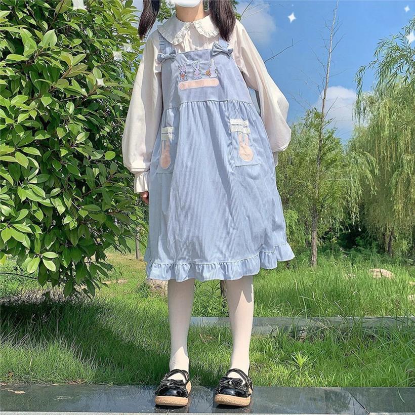 

japanese lolita style blue sundress womens dress suspenders loose embroidery bunny pockets sleeveless cute kawaii ruffles, Black;gray
