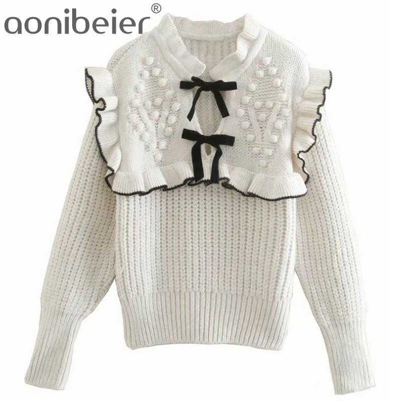 

Women' Sweaters Winter White Knit Vintage Ruffle Woman Sweater Long Puff Sleeve Female Bow Rib Knitted Pullover 210604