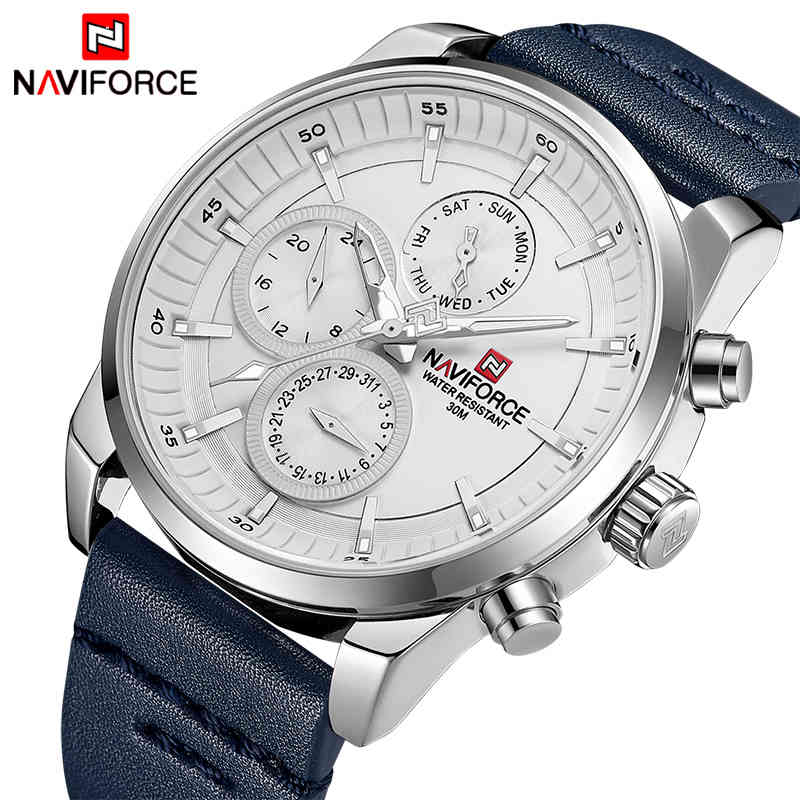 

NAVIFORCE Luxury Brand Men's Military Sport Watch Men Leather Waterproof Quartz Watches Male 24 Hour Date Display Analog Clock 210517, Silver white