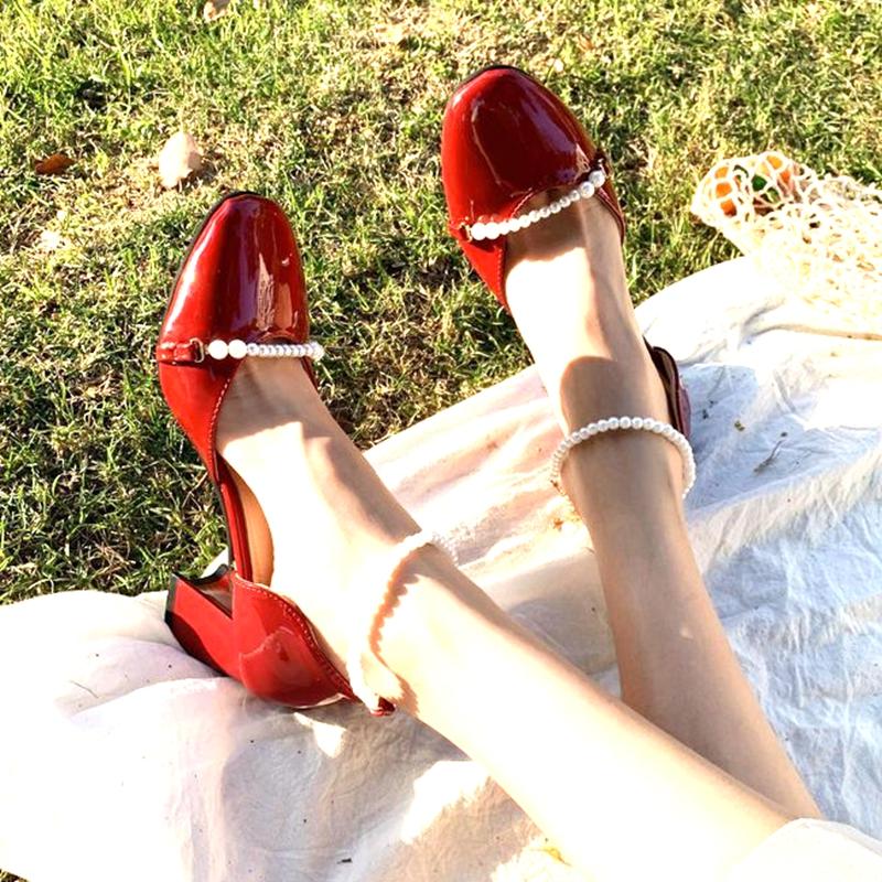 

Dress Shoes Sweet Lolita Red Nude Black Leather Baotou Sandals Women Casual Work Pumps Ankle Pearl Chain Girl