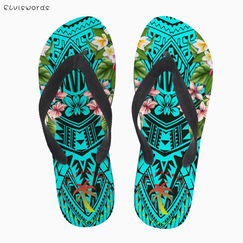 

ELVISWORDS Flip Flops Women Summer Casual Slippers Hawaii Tropical Leaves Printed Women's Soft Rubber Beach and House Flipflops, Black