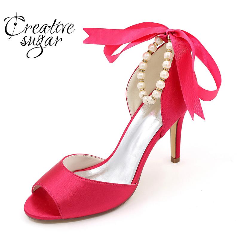 

Dress Shoes Creativesugar Lady Satin Evening Pearls Ankle Strap Ribbon Tie Seperate Pumps Open Toe Bridal Wedding Party Heels, Black