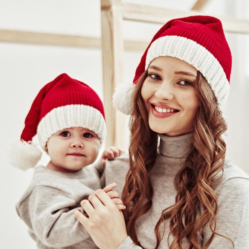 

Beanies Parent-child Christmas Hat Warm Woolen Knitted Red Wool Ball Cute Atmosphere Dress Up With Winter Warmth