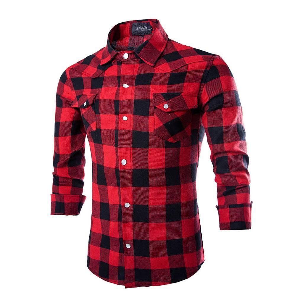 

JAYCOSIN New Men's Red Black Plaid Flannel Long Sleeve Social Masculino Autumn Button Shirt Casual Tops, White;black