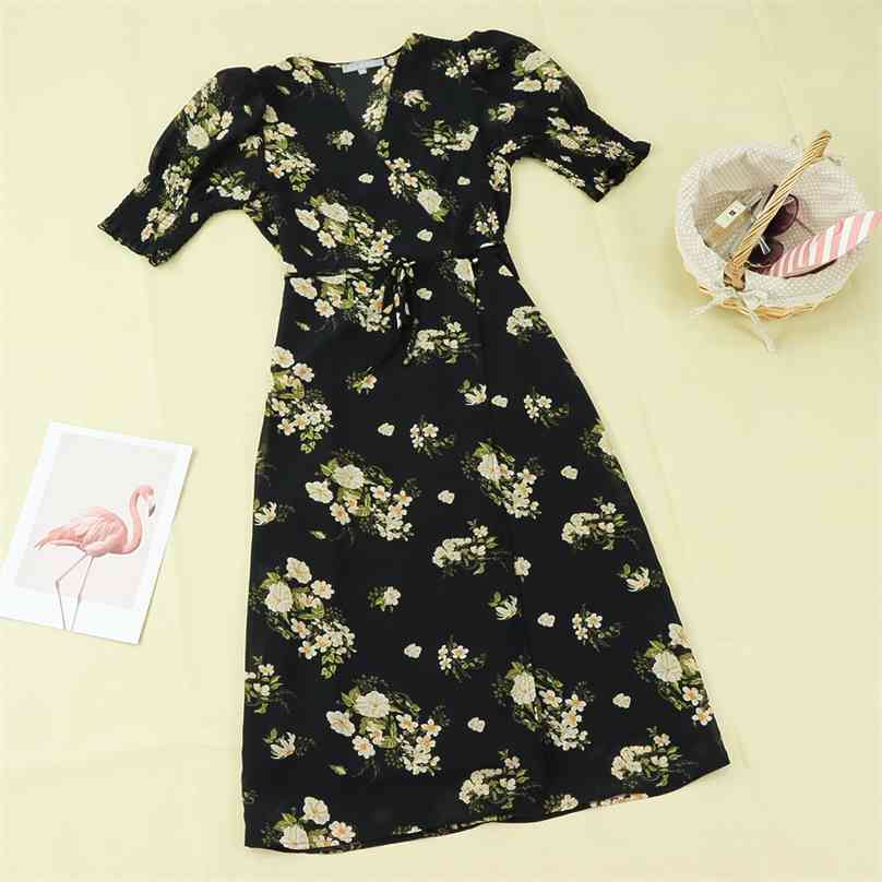 

women Vintage V Neck midi Wrap dress France colorful Floral Print sexy Chiffon Fashion sashes short sleeve vestido 210520, Black