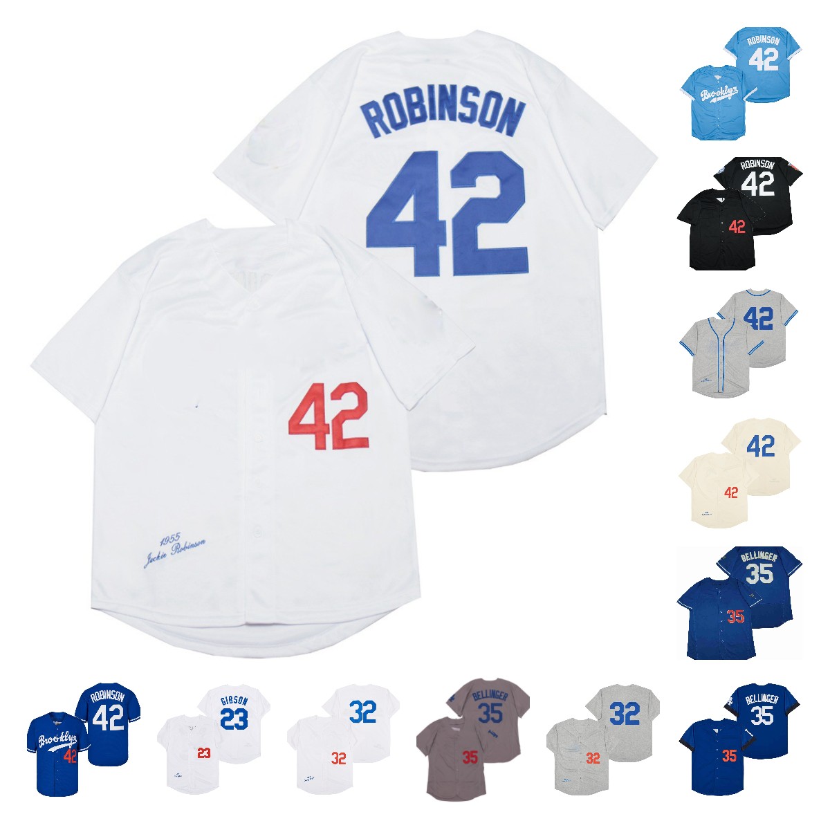 

Jackie Robinson Baseball Jersey Vintage 1955 1958 1988 Cream White Grey Blue Black Retro Stitched Jersey, 42 light blue