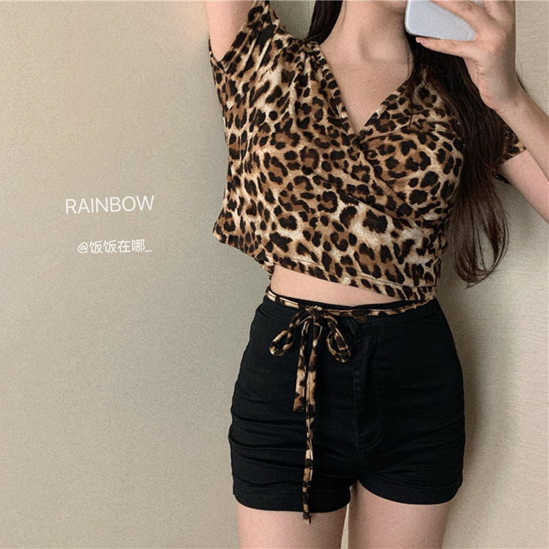 

femme womens tops 2021 summer korean style leopard embroidery short sleeve shirt women blouses outwear lace up tops (R98206), White