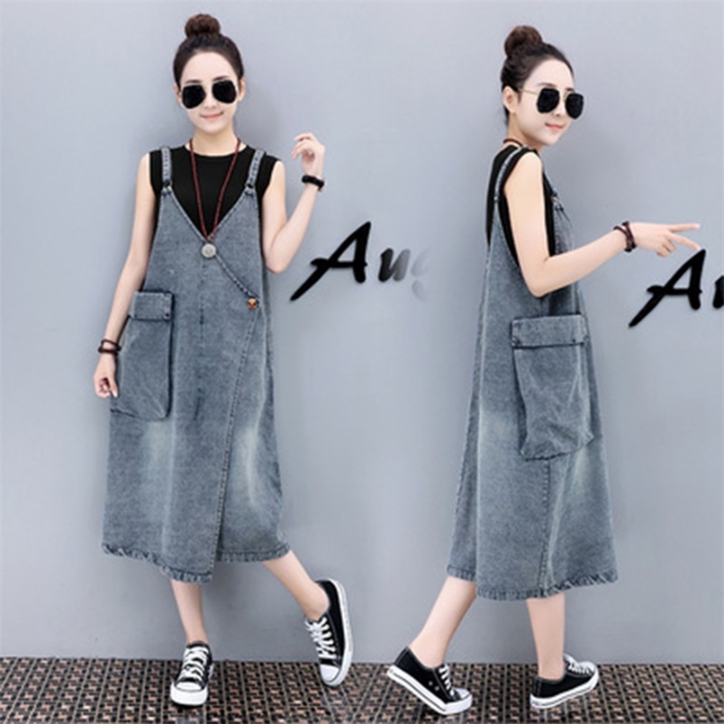 

Metal Ring Adjustable Strap Big Pockets Jeans Dress Summer Sexy V-neck Korean Casual Loose Mid-length Black Denin Overalls 210604, Blue